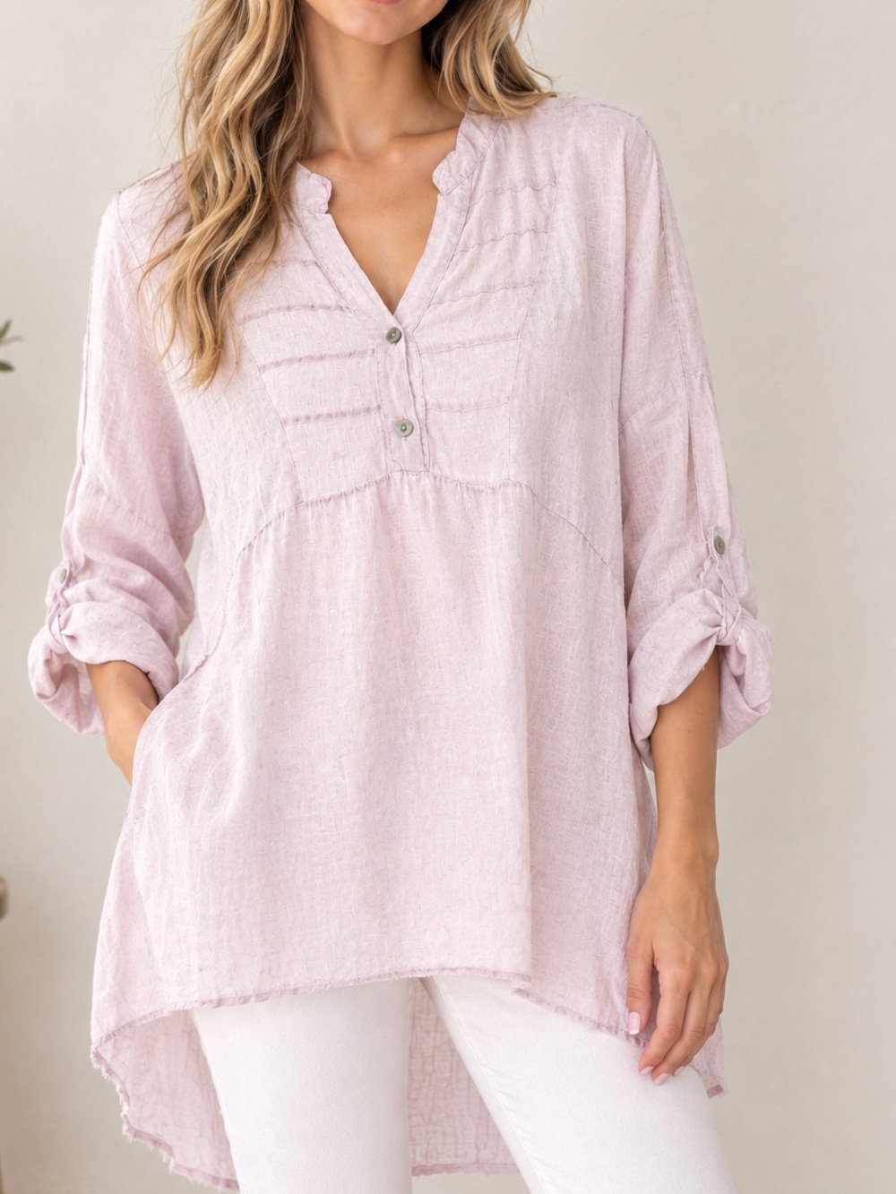 Made in Italy Linen Light Pink Women's Tunic Top - Relaxed V-Neck Button Detail